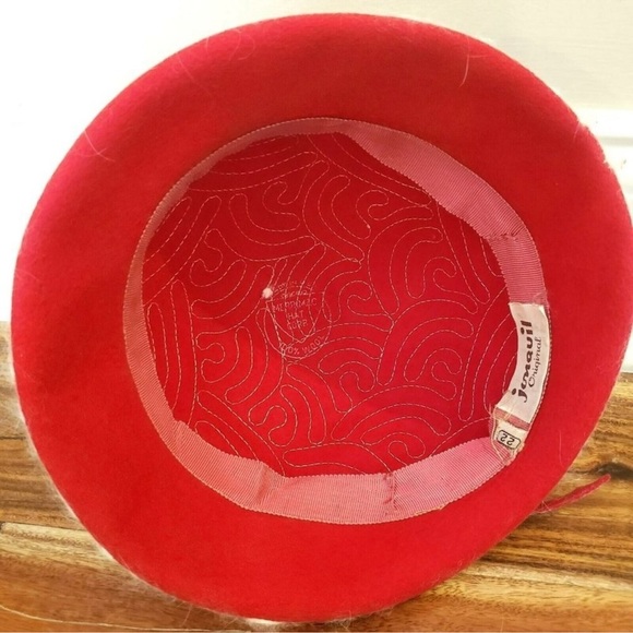 VINTAGE Wool Angora Bucket Hat Gatsby Flapper Costume Grandma Core Red Embroider - Picture 16 of 16